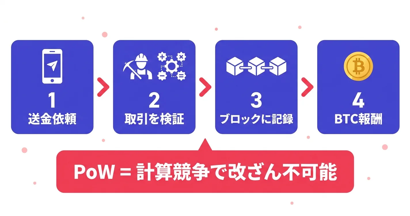 ビットコインの仕組みフロー｜送金からブロックチェーンに記録されるまで