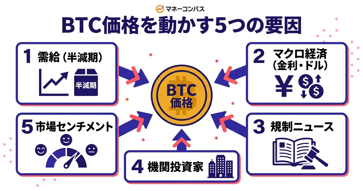 ビットコインの価格変動5つの要因｜需給・マクロ・規制・機関投資家・センチメント