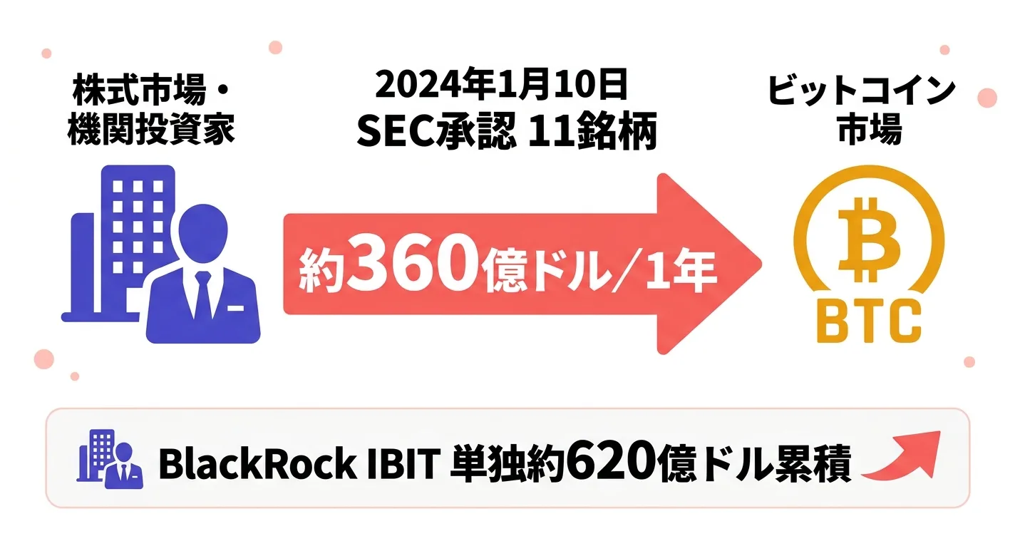 2024年ビットコイン現物ETF承認後の市場変化｜機関投資家の参入拡大