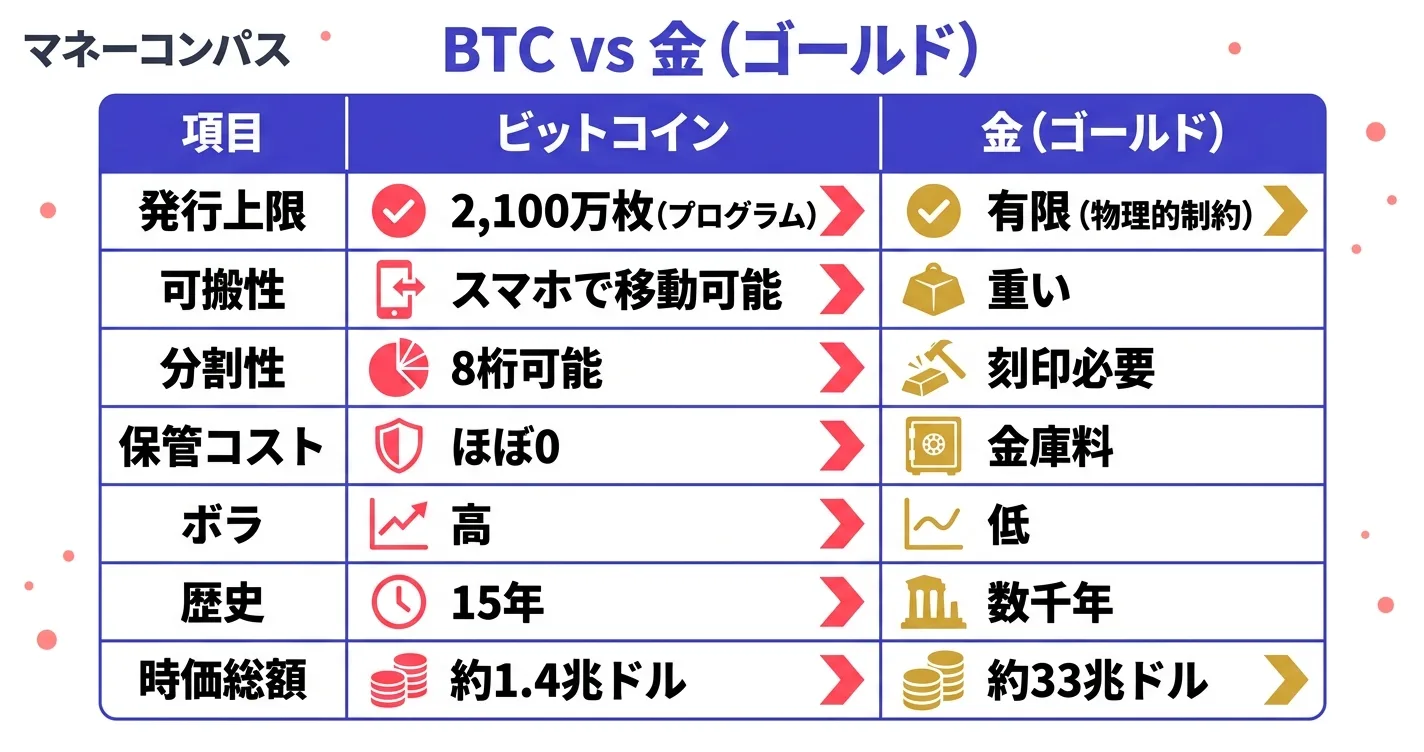 ビットコインと金ゴールドの比較表｜希少性・可搬性・分割性・ボラティリティ