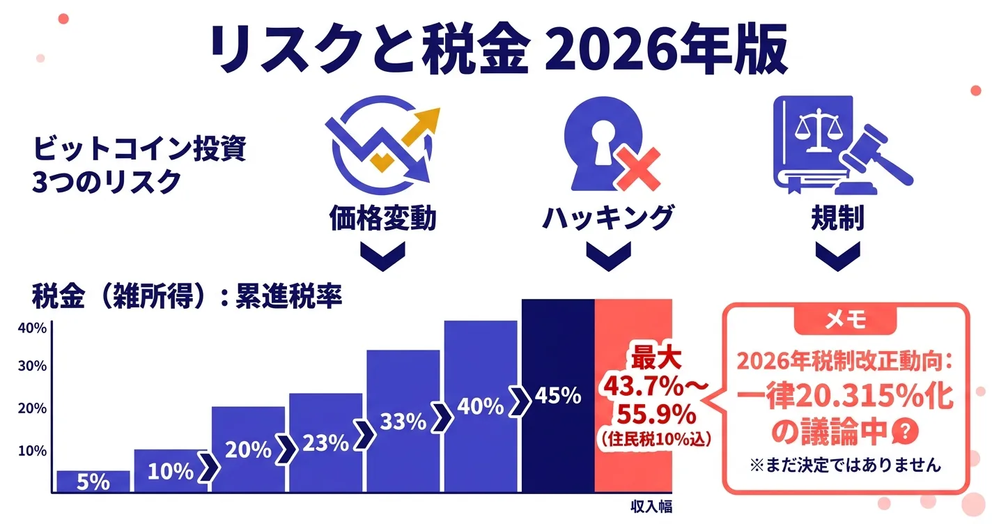 ビットコイン投資のリスクと税金｜価格変動・ハッキング・雑所得課税