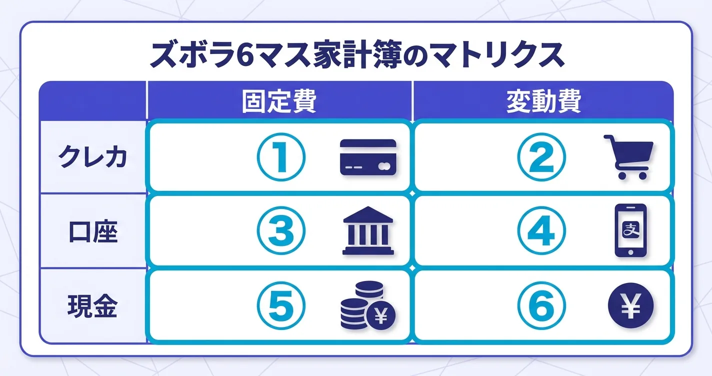 固定費/変動費×クレカ/口座/現金の6マス｜ズボラ6マス家計簿のつけ方