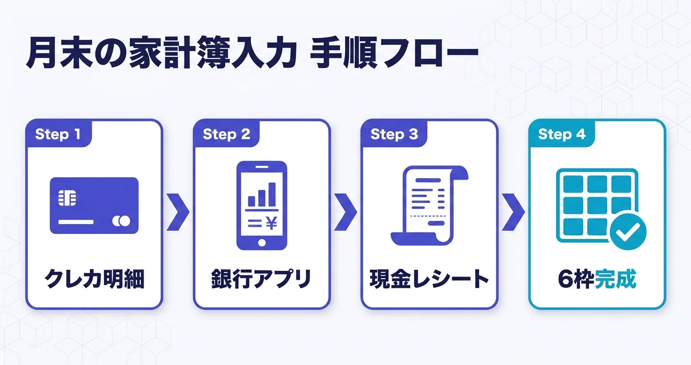 クレカ明細→銀行アプリ→現金レシート→6枠完成｜月末家計簿の入力手順