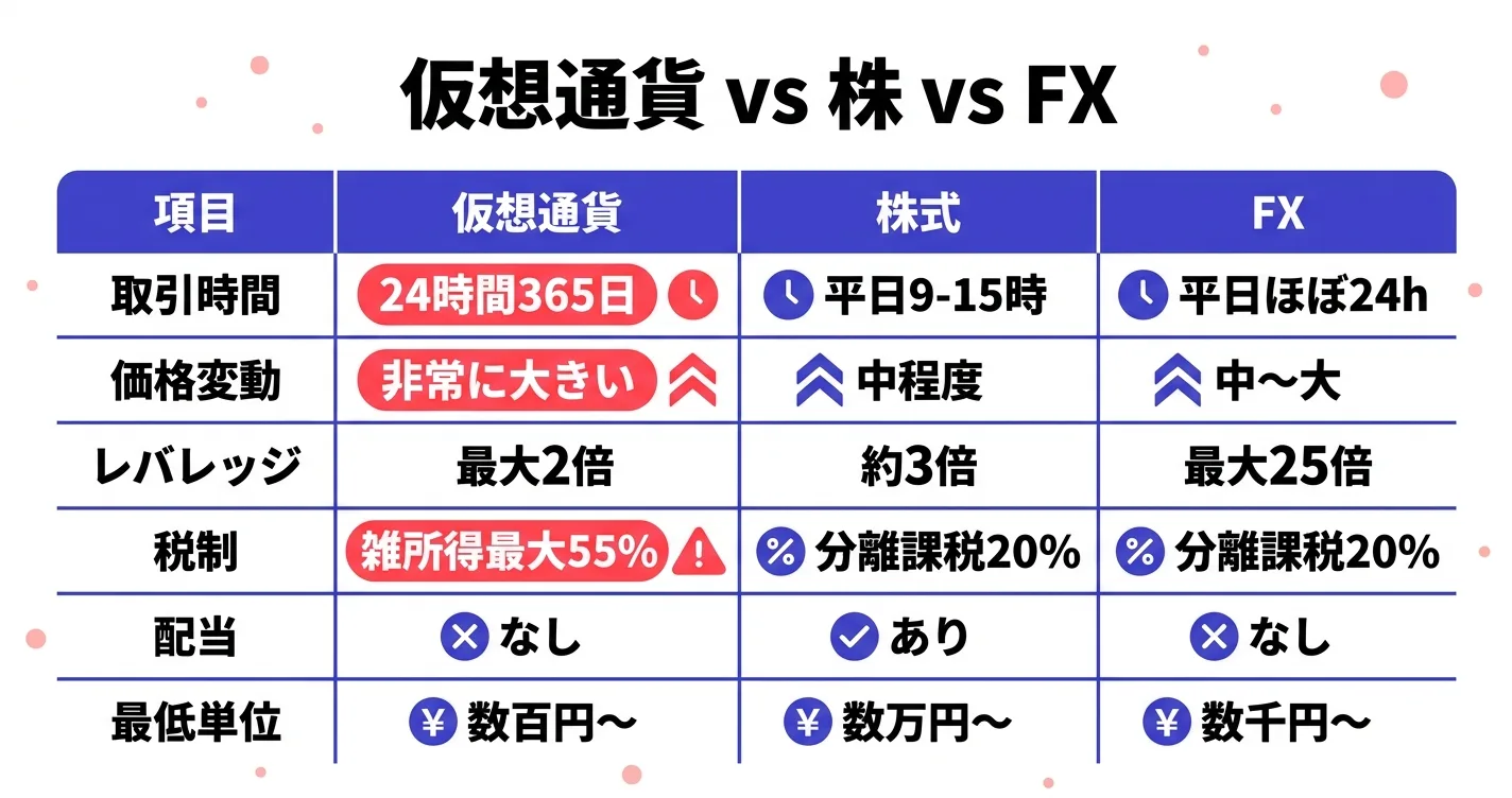 仮想通貨と株・FXの違い比較表｜取引時間・値動き・税制