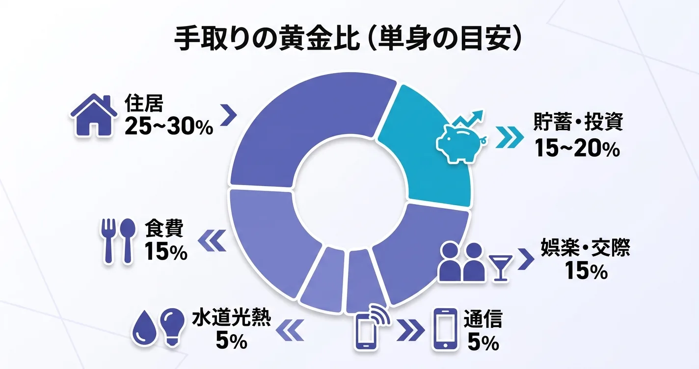 住居・食費・貯蓄投資など費目別予算の目安｜手取りの黄金比（単身）