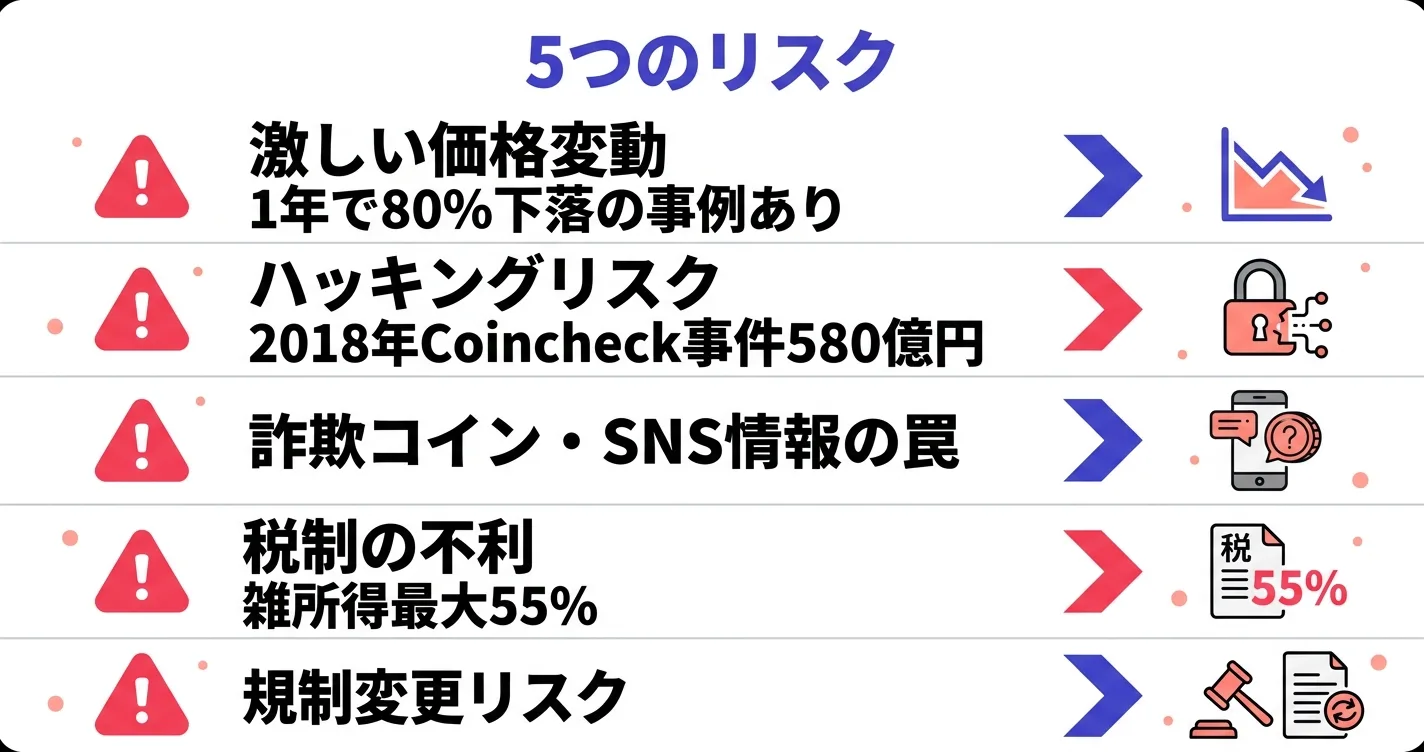 仮想通貨の5つのリスクチェックリスト｜価格変動・ハッキング・詐欺・税制・規制