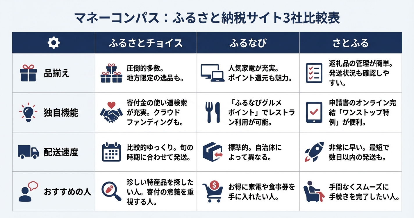ふるさと納税おすすめ3サイト比較表の図解