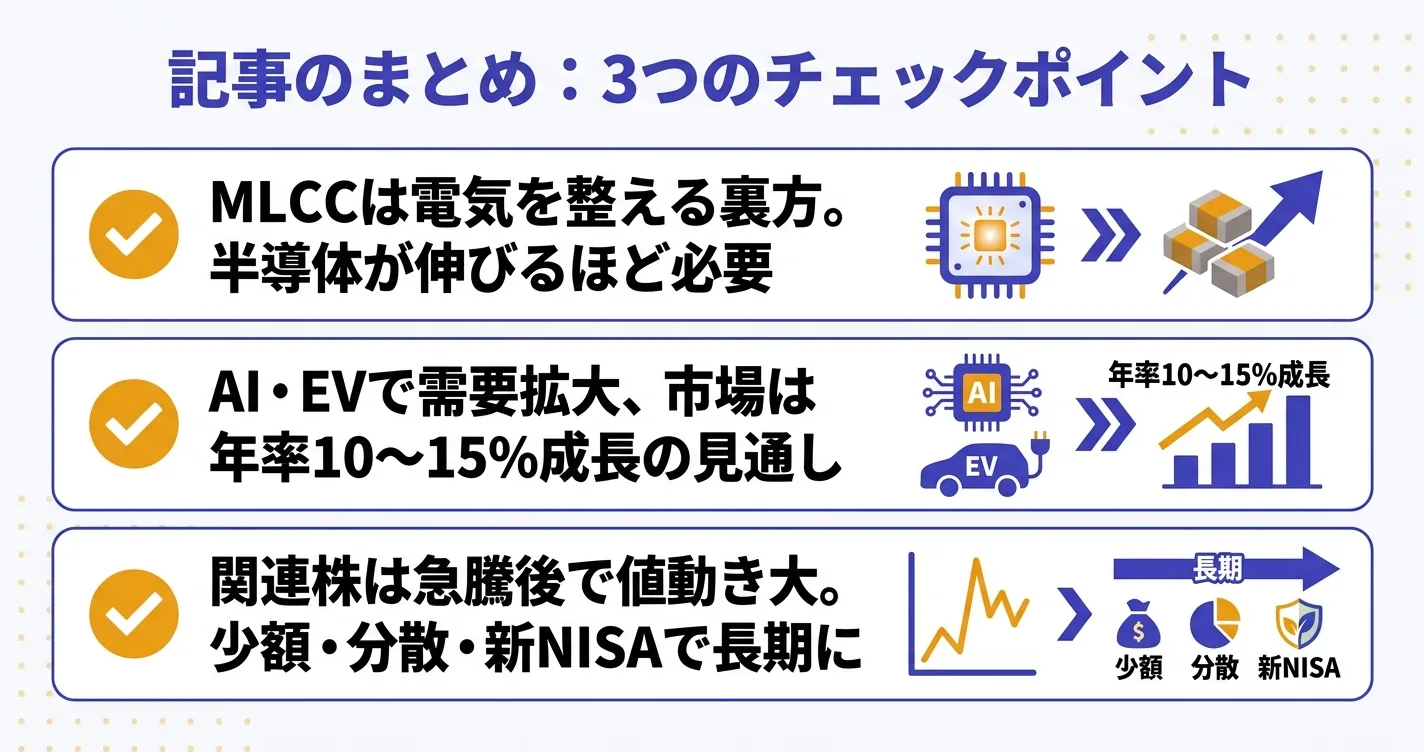 MLCC投資のまとめ3ポイント｜需要拡大と少額分散・新NISAでの長期目線