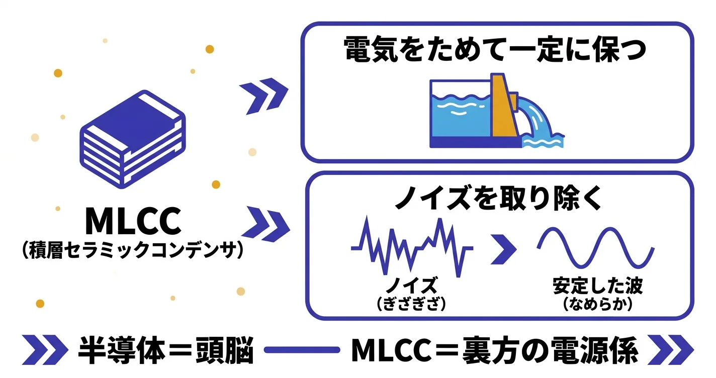 MLCCの役割（電気をためる・ノイズを取る）と半導体との違いをまとめた図解