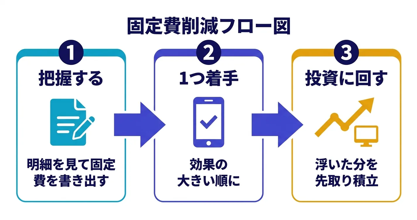 固定費見直しの3ステップ（把握→効果大から着手→投資に回す）フロー図｜固定費 見直し 始め方