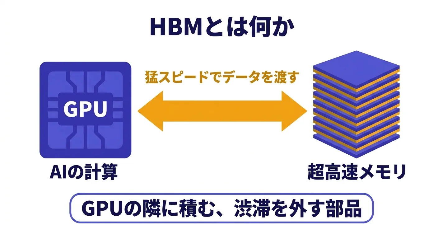 HBMとは何か、GPUの隣に積む超高速メモリをやさしく示した概念図｜マイクロン決算と半導体