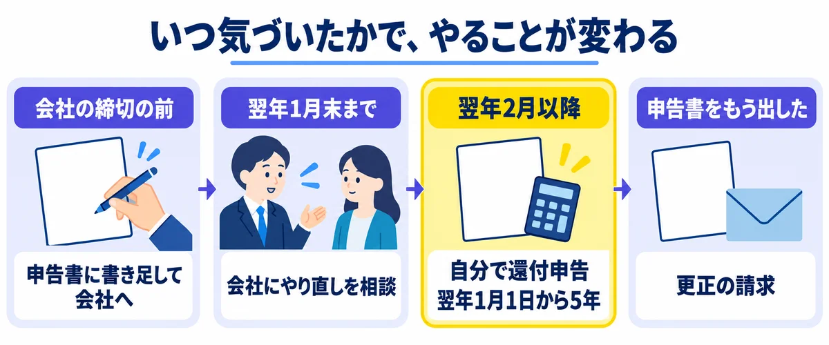 気づいた時期別に、会社の締切前は申告書に書き足す、翌年1月末までは会社にやり直しを相談、2月以降は還付申告、申告済みなら更正の請求、の4つのルートを並べた図