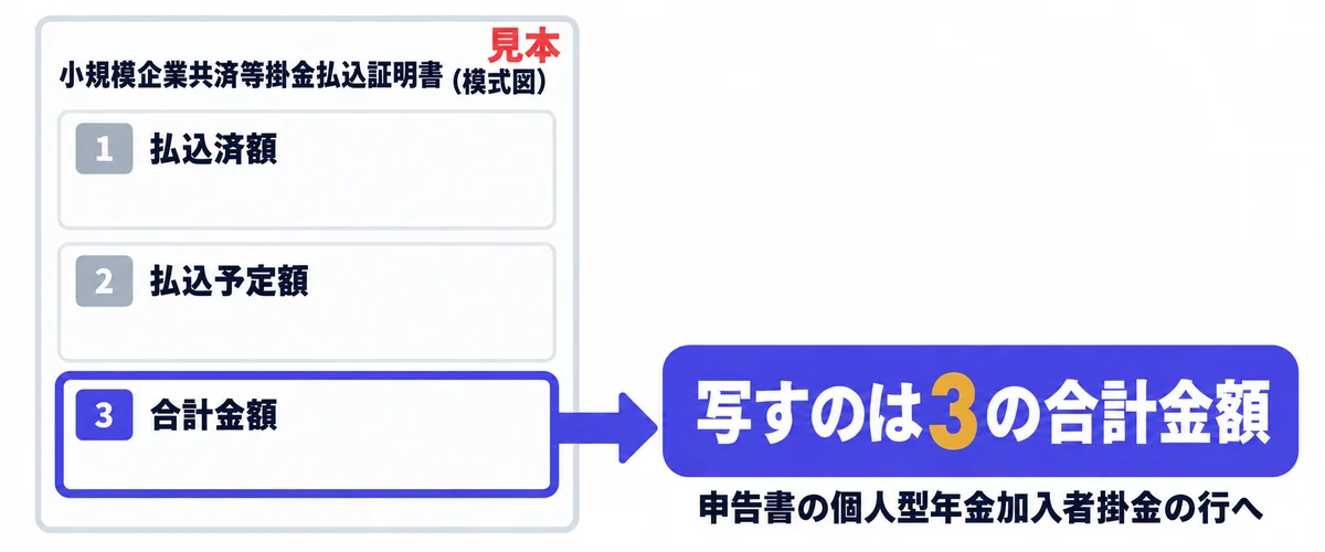 小規模企業共済等掛金払込証明書のうち、申告書に写すのは合計金額であることを示す模式図