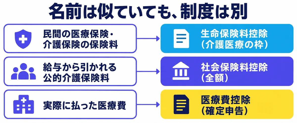 民間の医療・介護保険の保険料は生命保険料控除、給与から引かれる公的介護保険料は社会保険料控除、実際に払った医療費は医療費控除と、3つの制度を並べた図